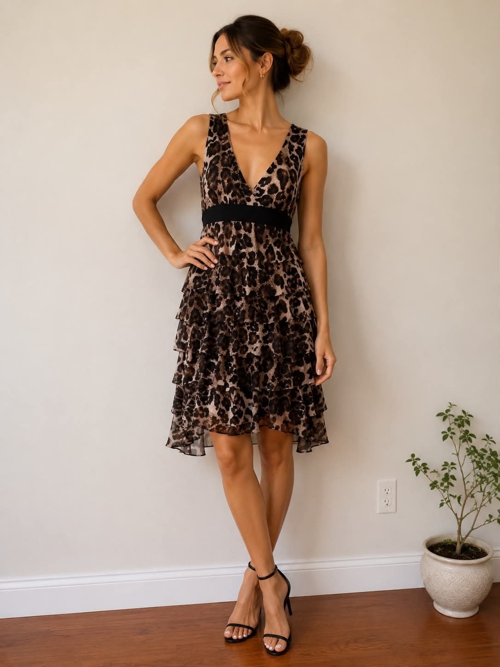 V-Neck Leopard Print Midi Dress with Black Waistband